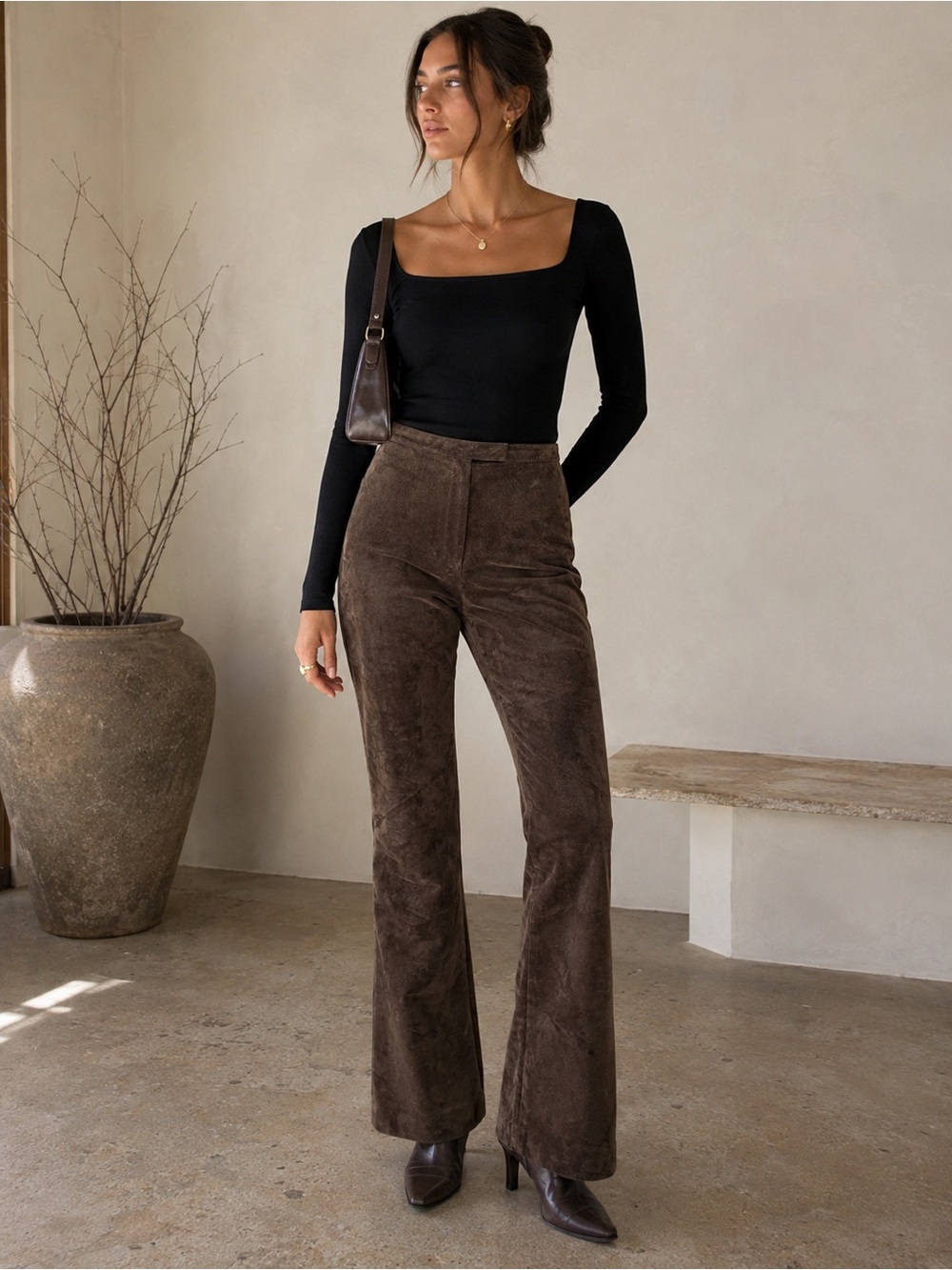 Ann Taylor Brown Suede Leather Pants Straight Leg Minimalist Vintage 6